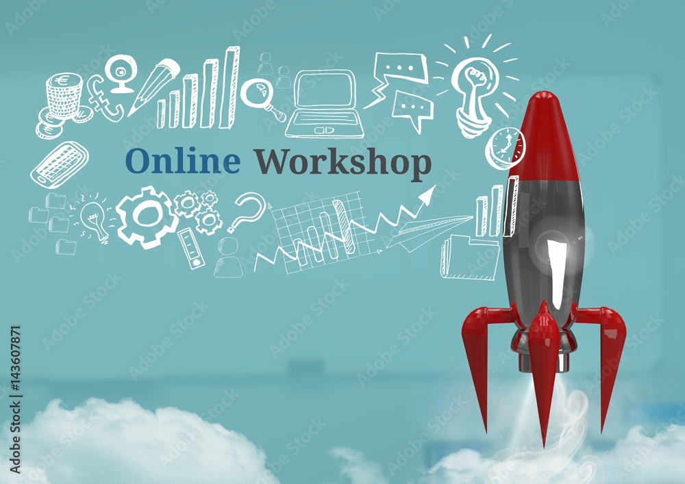 Poster 3d rocket flying and online workshop text with drawings graphics