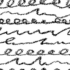 Vector seamless pattern with brush written letter . Black color on white background. Hand painted grange texture. Ink wawe elements. Fashion modern style. Endless fabric print. Old text