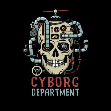 Steampunk Cyborg Skull with pipes, cables, devices, valves. Vector illustration on a black background.