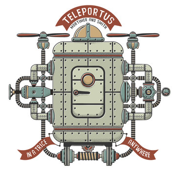 Steampunk  fantastic machine for teleportation. Apparatus interweaving with pipes, cables devices. Shadow, outline, color on separate layers.
