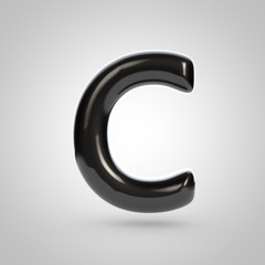 Metallic paint black letter C uppercase. 3D rendering font with glint and lights reflections isolated on white background.