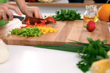 Close up of  woman's hands cooking in the kitchen. Housewife slicing ​​fresh salad. Vegetarian and healthily cooking concept