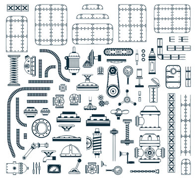 A set of monochrome steampunk spare parts for creating a robot, machine, device or apparatus. Vector illustration.