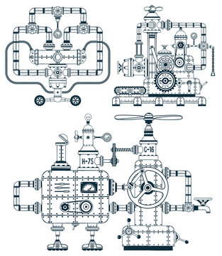 Fantastic industrial monochrome device set in a doodle style. Easy to disassemble into individual parts. Possible to collect other machines, as well as color them.