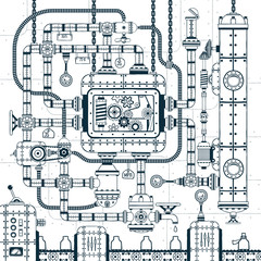 Complex industrial automatic conveyor machine. Interlacing of pipes, mechanisms, devices in doodle style. Vector illustration.