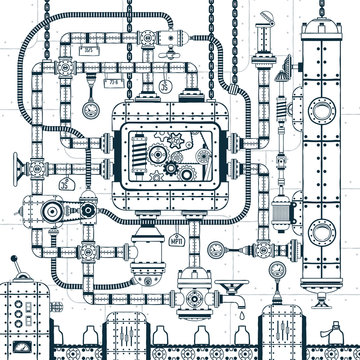 Complex industrial automatic conveyor machine. Interlacing of pipes, mechanisms, devices in doodle style. Vector illustration.