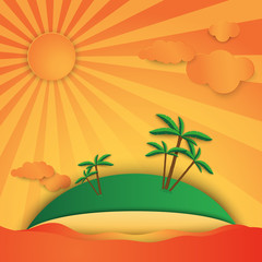 Fototapeta na wymiar Vector illustration of an exotic island with a sandy beach. It could be a morning or a warm evening. Stylized composition as if cut out of paper