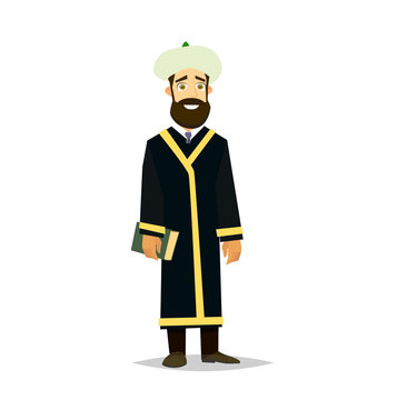 Islamic priest portrait, Muslim imam vector illustration.