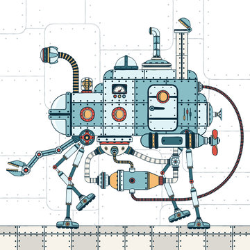 Walking metal machine, with various pipes, hoses, devices and with  mechanical arm. On an industrial background. Color vector illustration of a steampunk style.