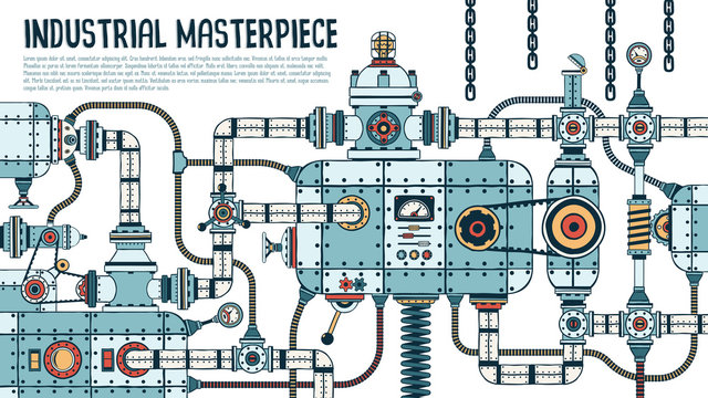 Incredible complex industrial machine with pipes, valves, hoses, mechanisms, apparatus. Spare parts are grouped separately - you can disassemble and assemble differently.