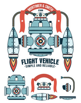 Fantastic flying machine as a logo with ribbon and inscriptions. Spare parts are included.
Colored Vector illustration. 