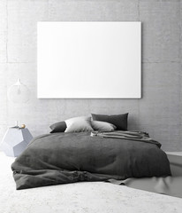 White poster in bedroom background, 3d illustration