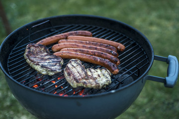 delicious grilled meat over coal on barbecue grill bbq
