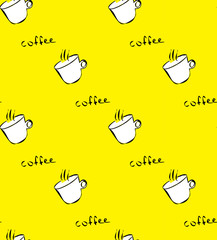Seamless pattern with with white coffee cup on yellow background.