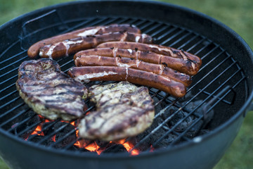 delicious grilled meat over coal on barbecue grill bbq