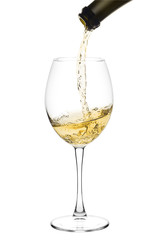 white wine poured from a bottle into wine glass on white background, isolated