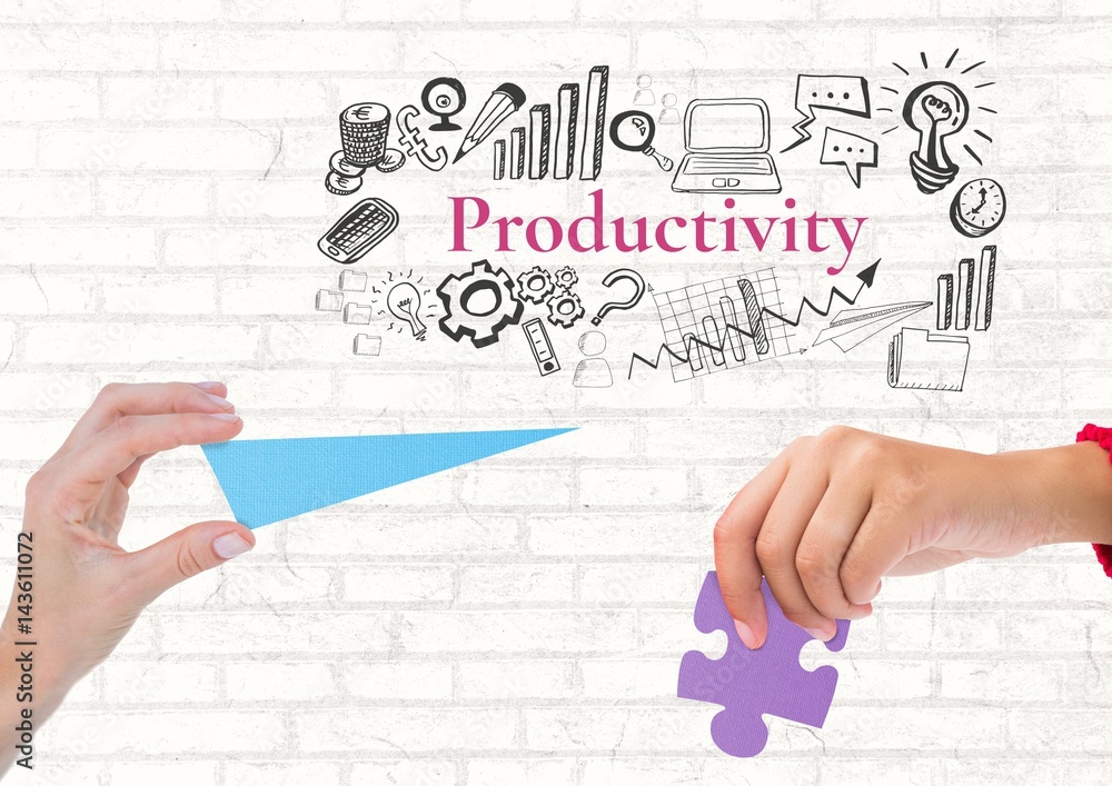 Poster hands with shapes and productivity text with drawings graphics