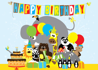 Fototapeta premium Happy Birthday card with bitrhday party animals- vector illustration for children
