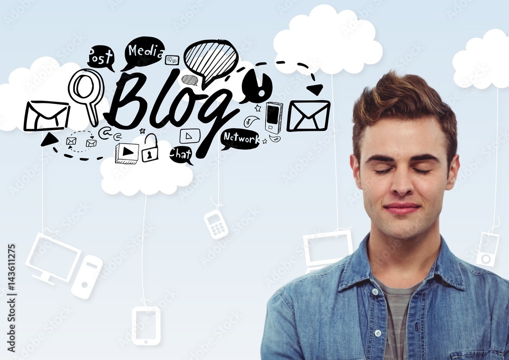 Poster man with eyes closed and blog text with drawings graphics