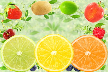 Naklejka na ściany i meble Mixed fruits slice background fresh Healthy natural food concept