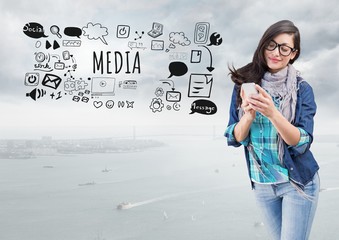 Woman on phone and Media text with drawings graphics