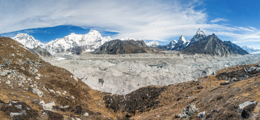Panorama of the Ngozumba glacier with Mount Everest (8848 m) and other highest peaks on background...