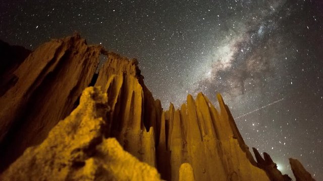 Linear, pan and tilt timelapse of an abstract landscape with eroded sand formations and bizarre structures at night while the Milky Way moves across available on request.