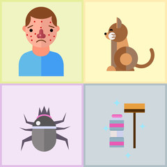 Allergy symbols disease healthcare tablets viruses and health flat label people with illness allergen symptoms disease information vector illustration.
