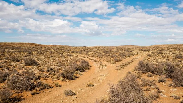 A slow linear timelapse in a remote Karoo landscape with a dirt road that splits and slow moving clouds against a blue sky