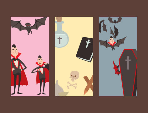 Cartoon dracula vector cards symbols vampire icons character funny man comic halloween and magic spell witchcraft ghost night devil tale illustration.
