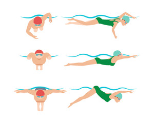 Vector illustration of swimming style scheme different swimmers man and woman in pool sport exercise.