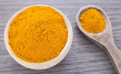 Turmeric powder in the wooden bowl (Curcuma longa)