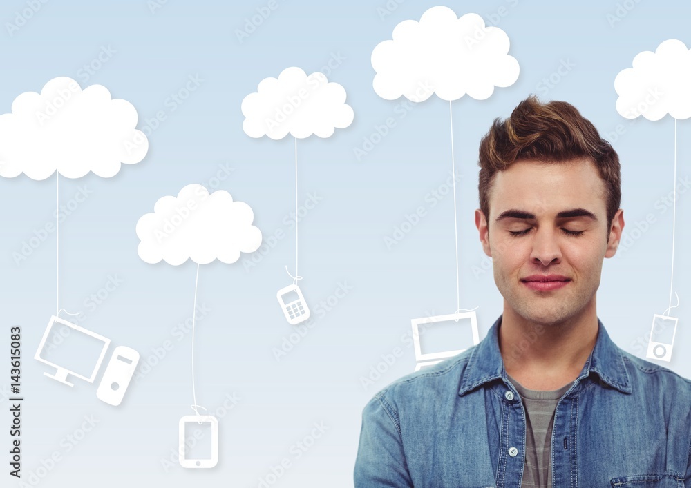 Poster man with eyes closed in front of clouds with devices