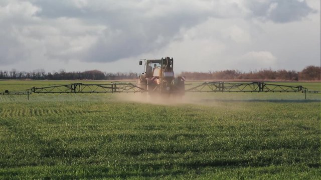 Green tractor sprays the field.