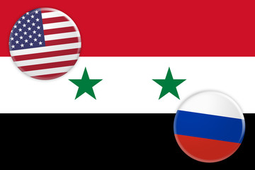 Syrian Civil War Concept Badges: USA And Russia Flag Buttons On Syria Flag, 3d illustration
