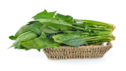 Spinach leaves in basket  isolated on white background