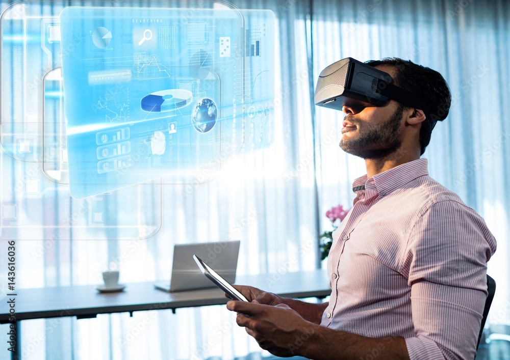 Aufkleber man by window wearing vr virtual reality headset with interface