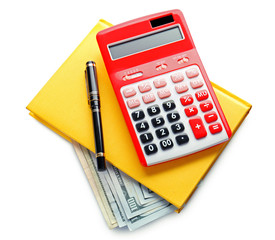 Red calculator, pen and yellow notepad with banknotes on white background