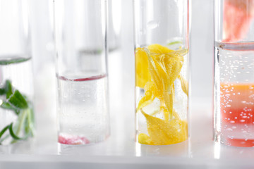 Test tubes with perfume samples, closeup
