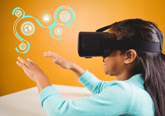 Girl wearing VR Virtual Reality Headset with Interface