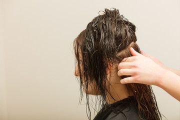 Naklejka premium Hairdresser styling woman dark long hair