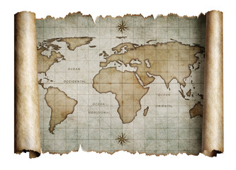 old nautical world map scroll isolated