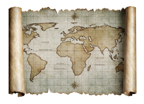 Fototapeta old nautical world map scroll isolated