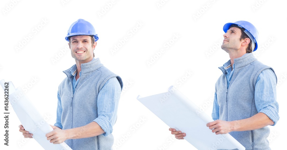 Poster architect with blueprint looking for something collection