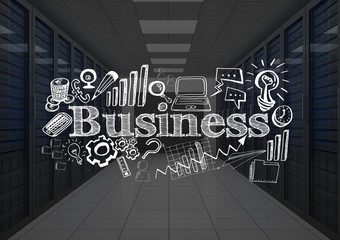 Hall of servers with white business doodles and grey overlay