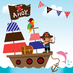 Illustration vector of cute pirate kids with ship on ocean sea background.