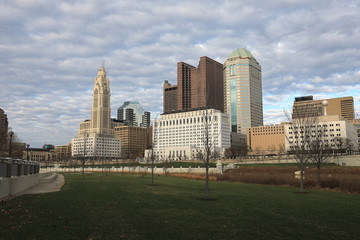 This is the view of the skyline of the city of Columbus, Ohio from the west bank of the Scioto River.