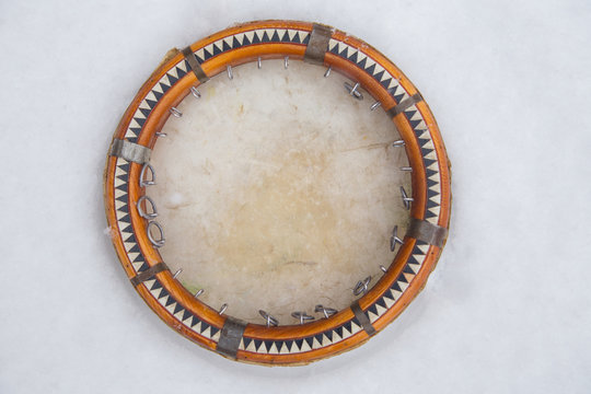 Central Asian tambourine. Uzbek doira. The traditional uzbek musical instrument doira, Bukhara, Uzbekistan