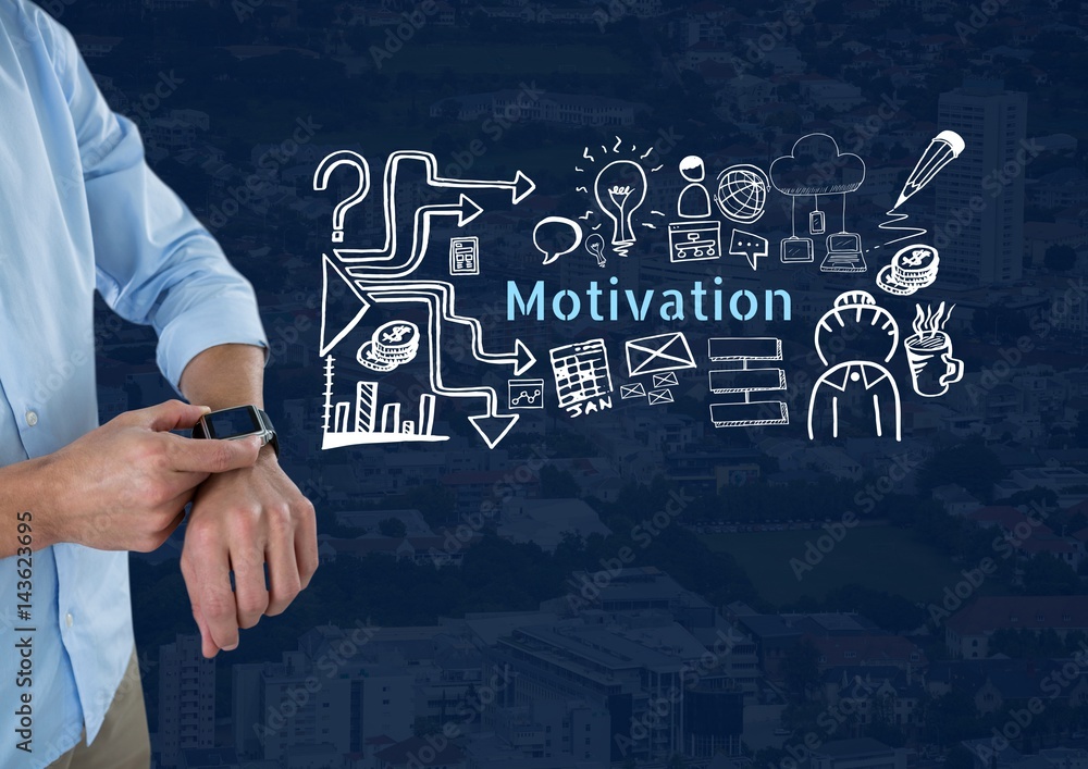 Poster man with smart watch and motivation text with drawings graphics