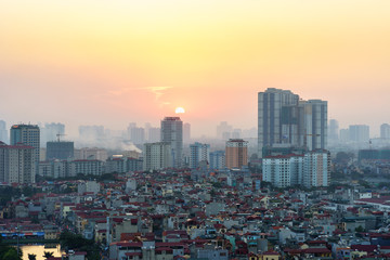 Aerial skyline view of Hanoi cityscape at sunset. Thanh Xuan district